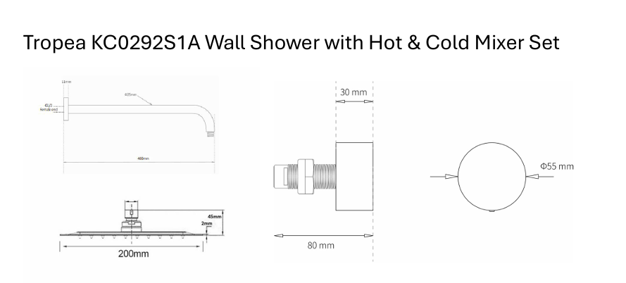 Tropea Wall Shower with Hot & Cold Mixer Set - Brushed Gunmetal