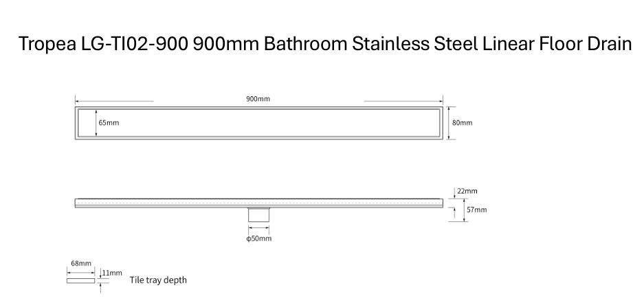 Tropea 900mm Bathroom Stainless Steel Linear Floor Drain - Brushed Gunmetal