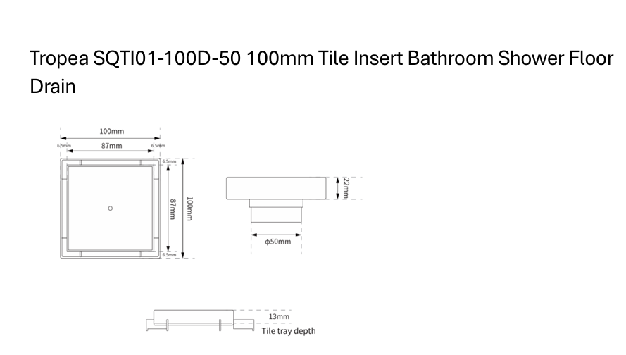 Tropea 100mm Tile Insert Bathroom Shower Floor Drain - Matte Black