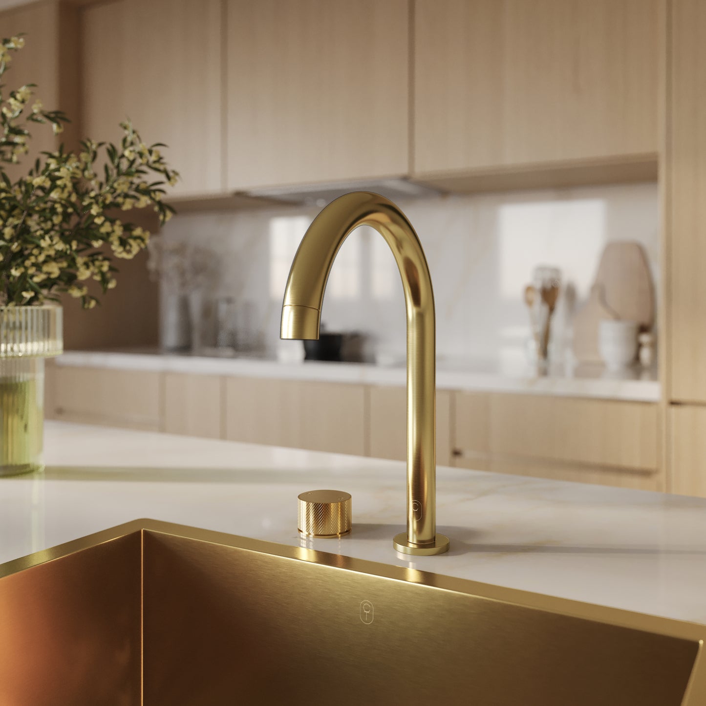 Tropea Gooseneck Spout & Round Mixer Set - Brushed Brass