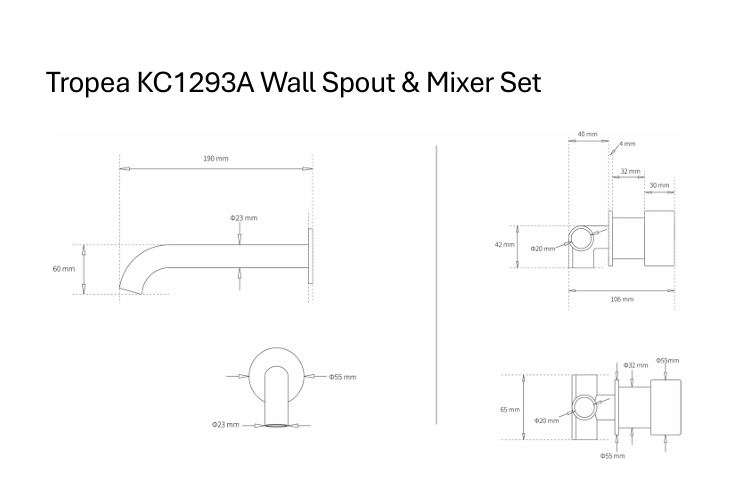 Tropea Wall Spout & Mixer Set - Brushed Gunmetal