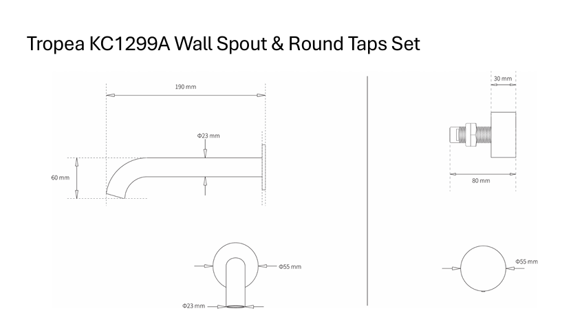 Tropea Wall Spout & Round Taps Set - Brushed Brass